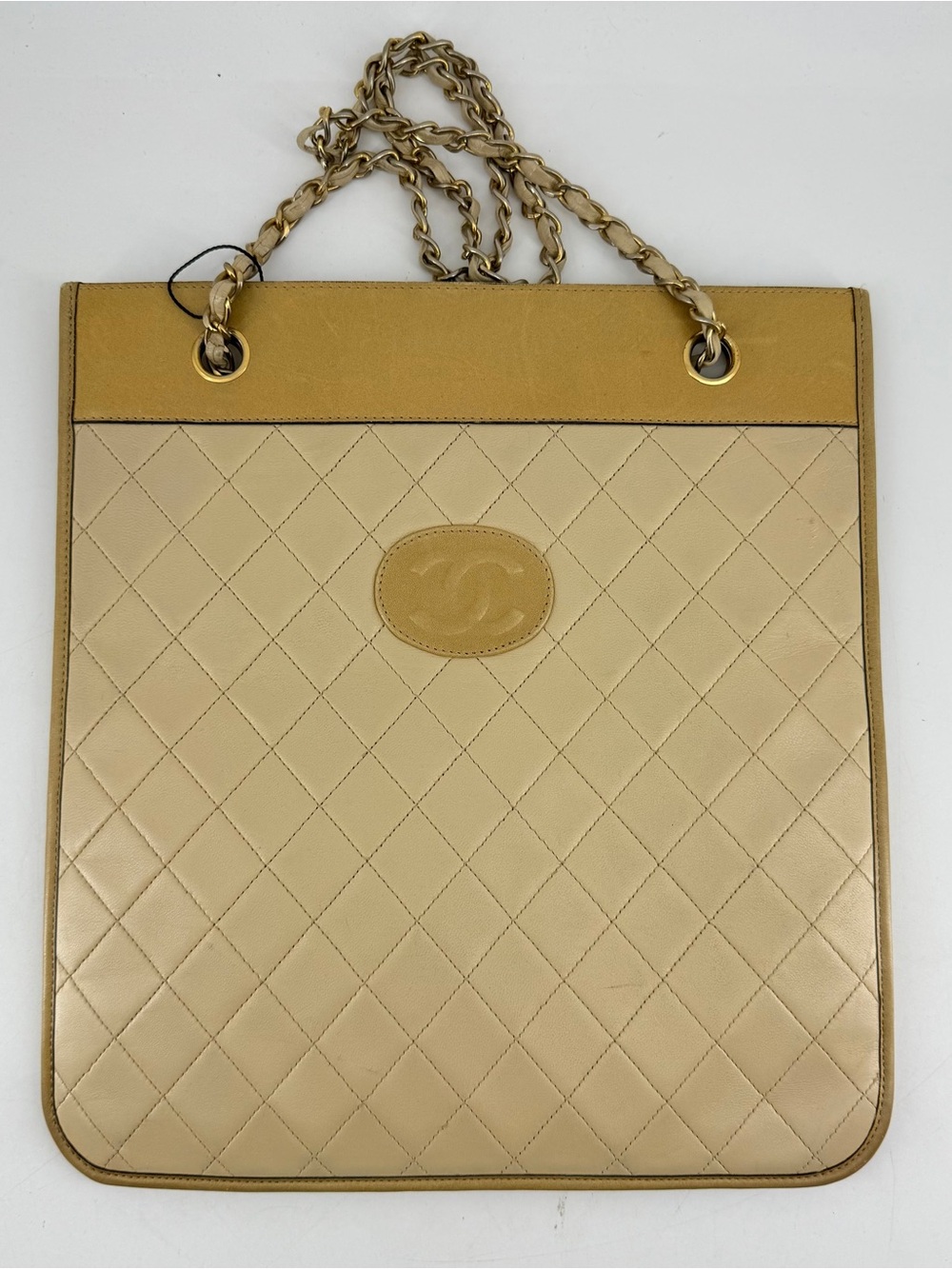 CHANEL Beige and Mustard Quilted Shoulder Bag with Gold Chain